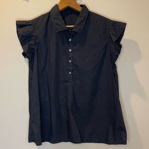 FRAME Black Tunic Ruffle Sleeve Collared Quarter Button Top Size L